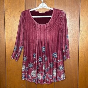 Timeson Top Womens S Tunic Floral Maroon Boho‎ Fairy Whimsigoth Soft Grunge Work